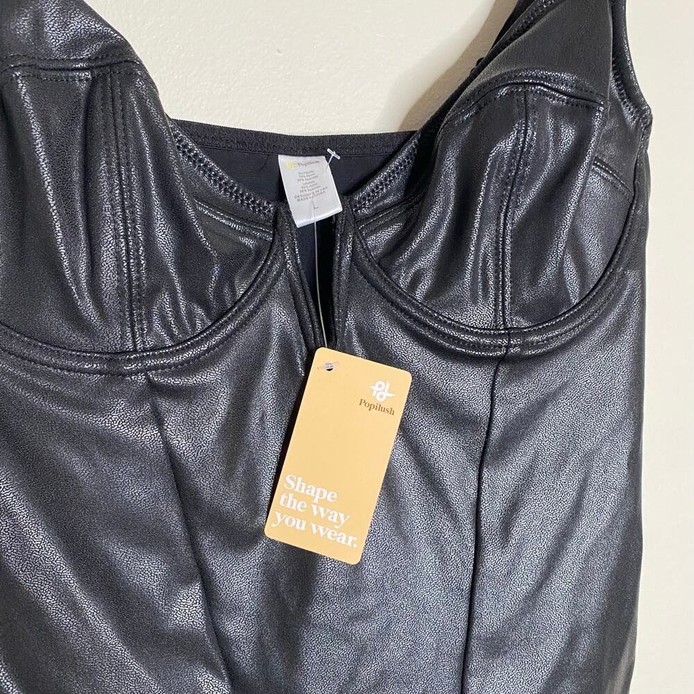POPILUSH Shapewear Black Faux Leather Plunging V Sculpting Corset Bodysuit Large - Picture 6 of 9